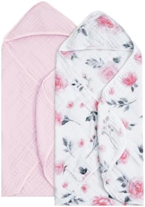 Davids Kids 2 Pack Hooded Baby Towels - 32x32 Inch Floral Muslin Cotton