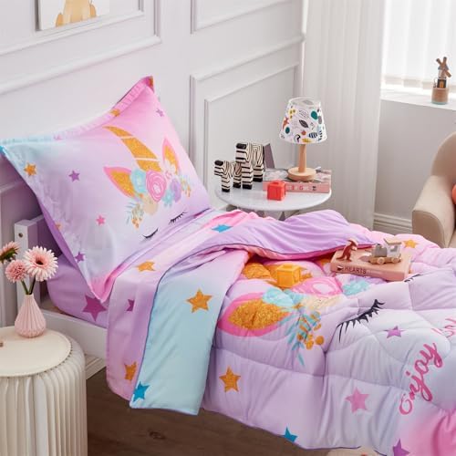 Wowelife Unicorn Toddler Bedding Set for Girls 4-Piece