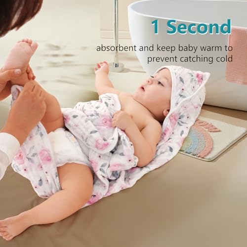 PHF 2 Pack Baby Hooded Towels 32x32 Inch Floral Muslin Cotton