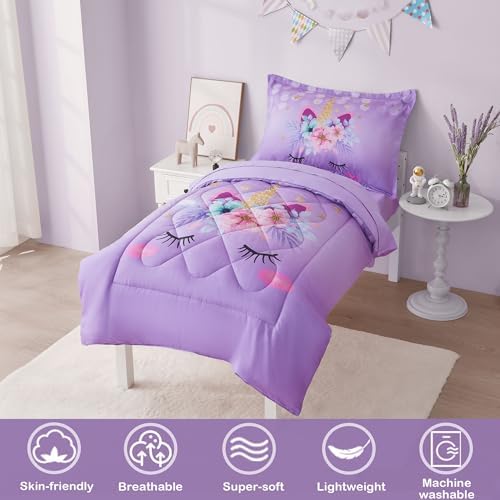 VIVILINEN Toddler Bedding Set Purple Unicorn 4 Piece