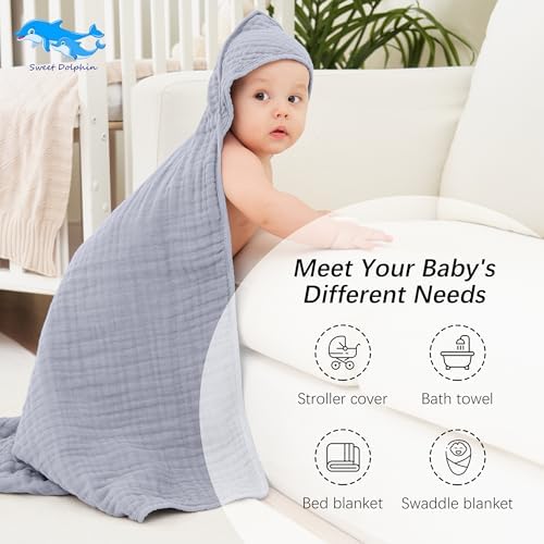SWEET DOLPHIN 2 Pack Hooded Baby Bath Towels 32x32 Inch Grey