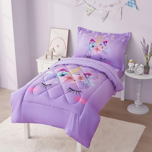 VIVILINEN Toddler Bedding Set Purple Unicorn 4 Piece