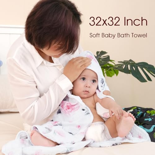 Davids Kids 2 Pack Hooded Baby Towels - 32x32 Inch Floral Muslin Cotton