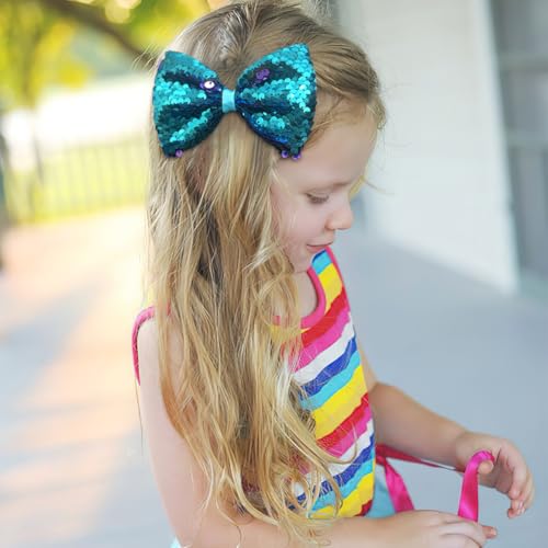 CLLOT 5 Inch Peacock Sequin Hair Bow Clips
