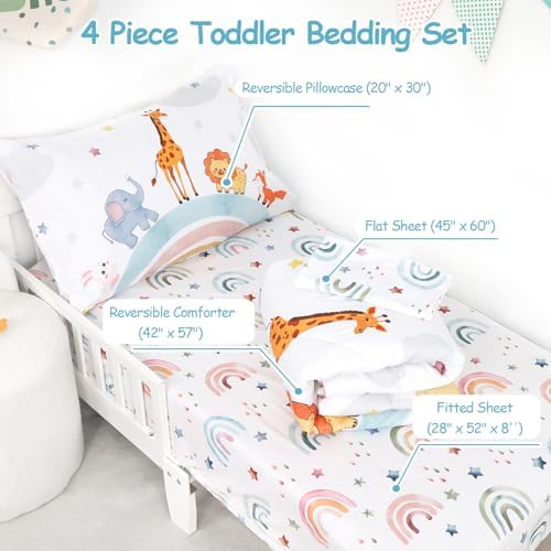 WINGHENLEE Toddler Bedding Set 4 Piece Rainbow Animal Comforter