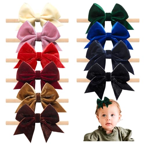 10PCS Velvet Baby Bows with Stretchy Nylon Headbands for Girls