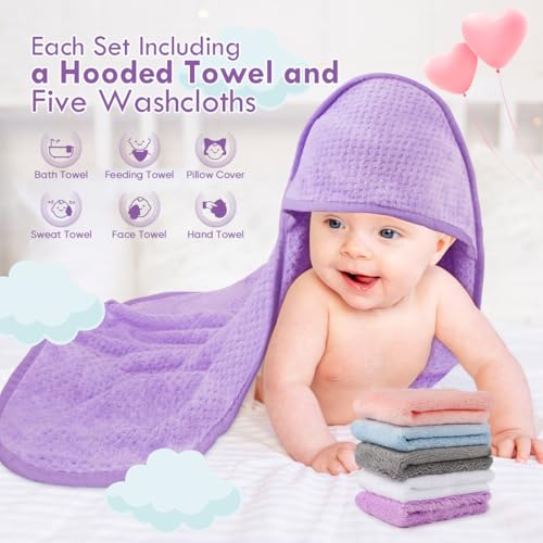 Orighty Baby Hooded Towel with 5 Washcloths Purple