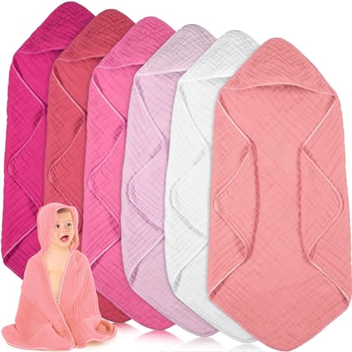 Peryiter 6 Pcs Hooded Muslin Baby Towels Pink