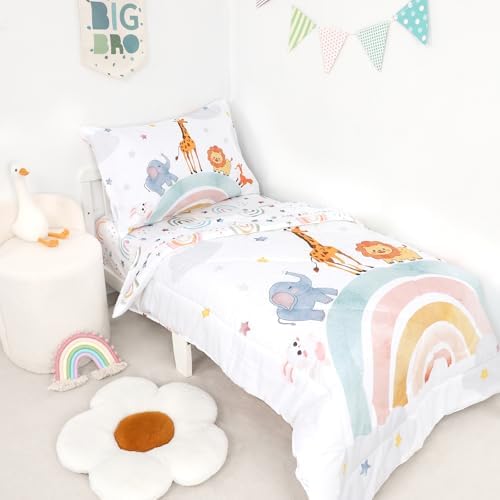 WINGHENLEE Toddler Bedding Set 4 Piece Rainbow Animal Comforter