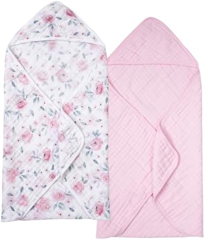 PHF 2 Pack Baby Hooded Towels 32x32 Inch Floral Muslin Cotton