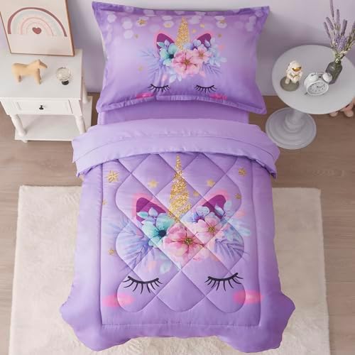 VIVILINEN Toddler Bedding Set Purple Unicorn 4 Piece