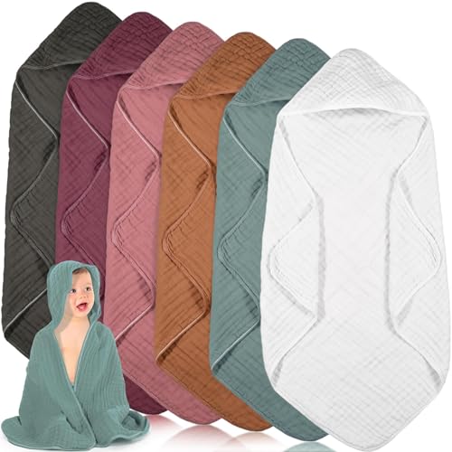 Peryiter 6 Pcs Hooded Muslin Baby Towels