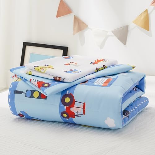 PINNKKU 4-Piece Toddler Bedding Set with Cars Road Design