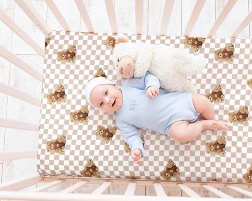 FIGEPO Fitted Baby Neutral Crib Sheet Set with Bear and Buffalo Check Plaid