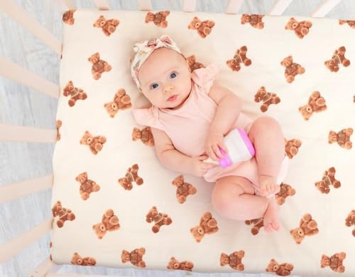 FIGEPO Fitted Baby Neutral Crib Sheet Set with Bear and Buffalo Check Plaid
