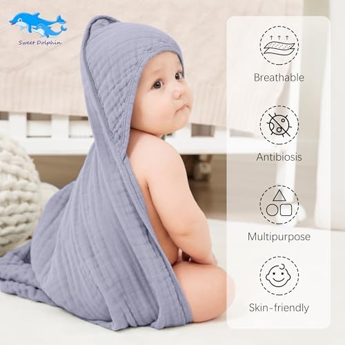 SWEET DOLPHIN 2 Pack Hooded Baby Bath Towels 32x32 Inch Grey