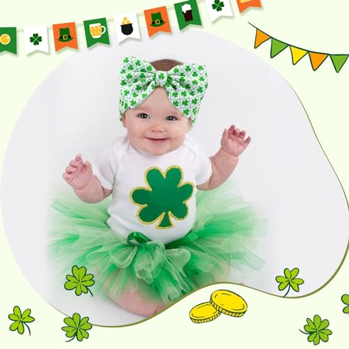 St Patricks Day Handmade Elastic Headbands for Babies - Green Clover Bow 3PCS