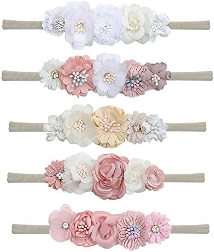 5PCS Baby Headbands Flowers Set Soft Nylon Handmade Headbands for Baby Girl