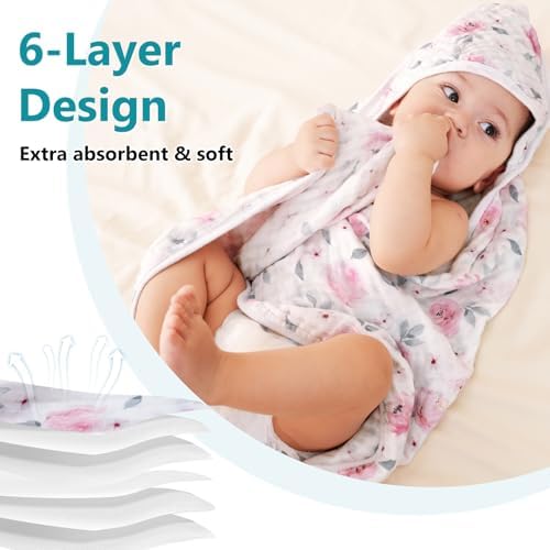 PHF 2 Pack Baby Hooded Towels 32x32 Inch Floral Muslin Cotton