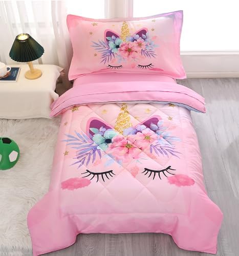 KINBEDY Toddler Bedding Set 4 Piece Pink Unicorn