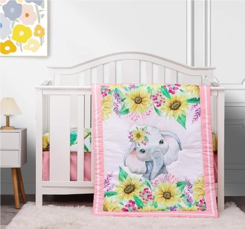 Pink Cartoon Elephant Crib Bedding Set for Girls 3 Piece