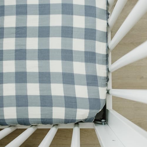 Dusty Blue Gingham Muslin Crib Sheet by Mebie Baby 1