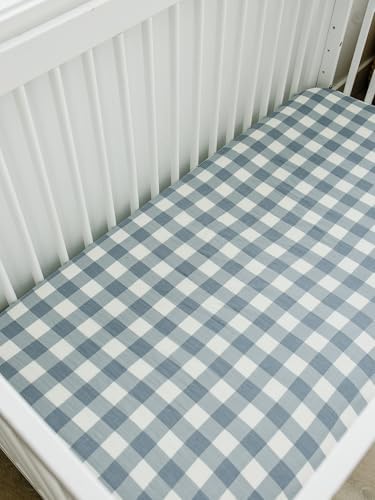 Dusty Blue Gingham Muslin Crib Sheet by Mebie Baby 1
