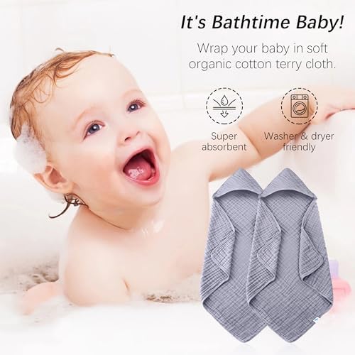 SWEET DOLPHIN 2 Pack Hooded Baby Bath Towels 32x32 Inch Grey