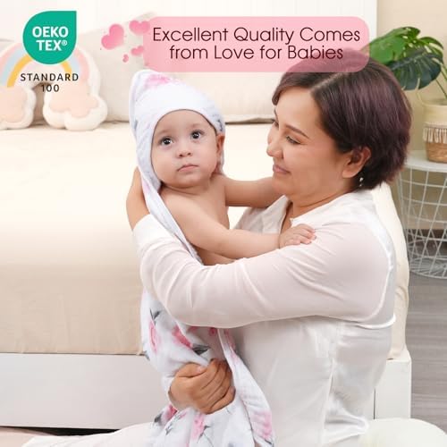 Davids Kids 2 Pack Hooded Baby Towels - 32x32 Inch Floral Muslin Cotton