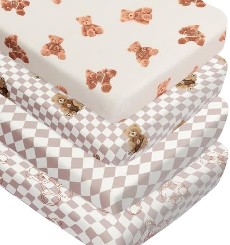 FIGEPO Fitted Baby Neutral Crib Sheet Set with Bear and Buffalo Check Plaid