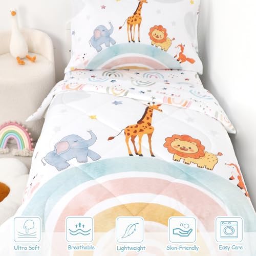 WINGHENLEE Toddler Bedding Set 4 Piece Rainbow Animal Comforter