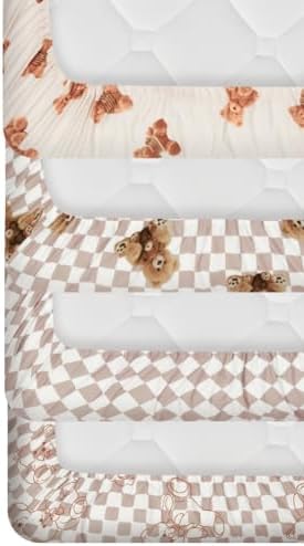 FIGEPO Fitted Baby Neutral Crib Sheet Set with Bear and Buffalo Check Plaid