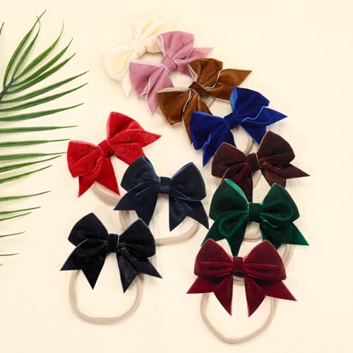 10PCS Velvet Baby Bows with Stretchy Nylon Headbands for Girls