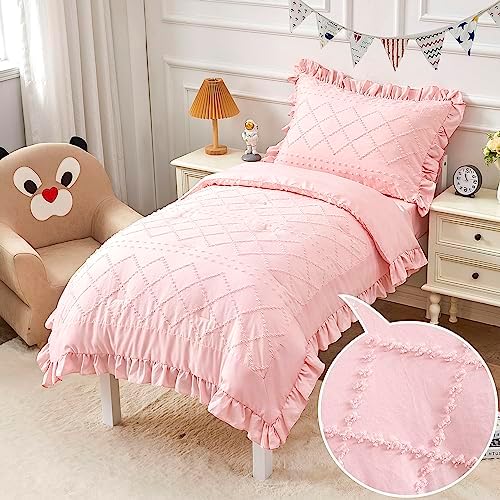 Pink Boho Tufted Toddler Bedding Set 4-Piece