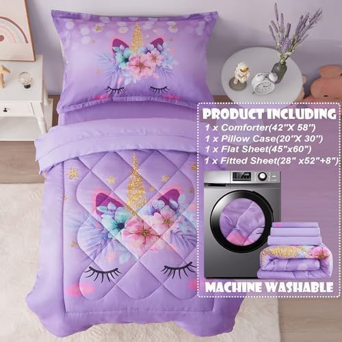 VIVILINEN Toddler Bedding Set Purple Unicorn 4 Piece