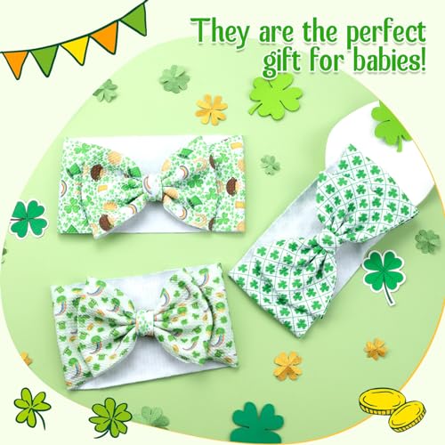 St Patricks Day Handmade Elastic Headbands for Babies - Green Clover Bow 3PCS