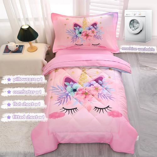 KINBEDY Toddler Bedding Set 4 Piece Pink Unicorn