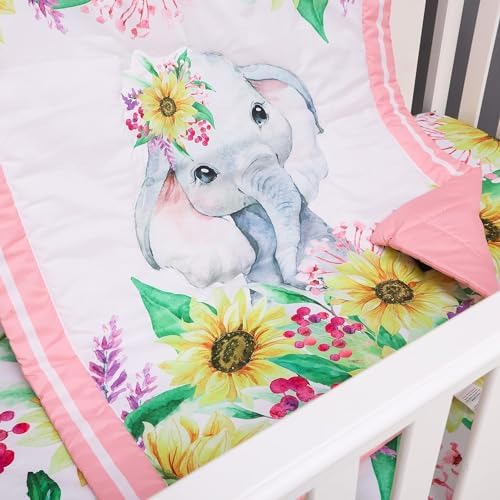 Pink Cartoon Elephant Crib Bedding Set for Girls 3 Piece