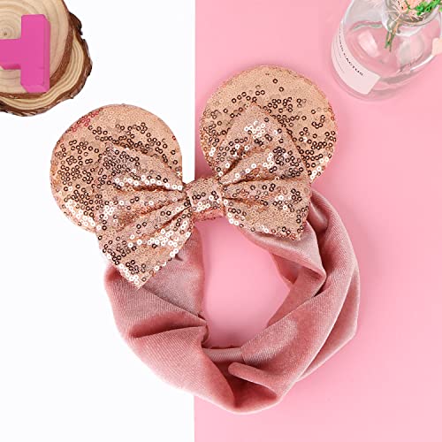UHOMENY Baby Mouse Ears Headband Pink Velvet with Sequin Bows