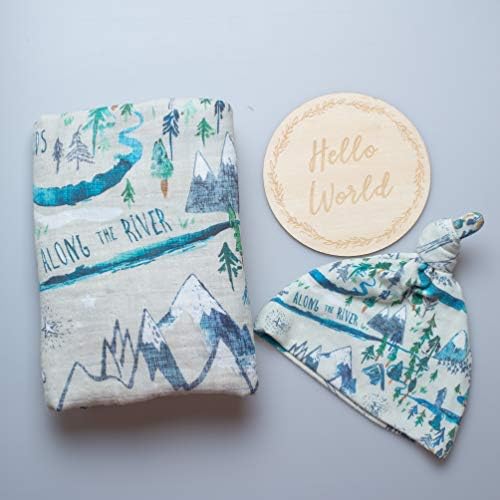 Miaoberry Organic Muslin Swaddle Blanket with Hat and Wooden Newborn Sign