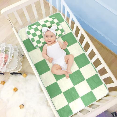 Green Beige Checker Plaid Cooling Baby Crib Mattress Sheet 28x52
