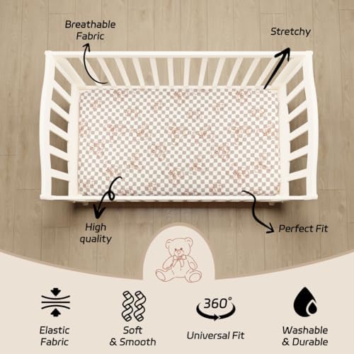 FIGEPO Fitted Baby Neutral Crib Sheet Set with Bear and Buffalo Check Plaid