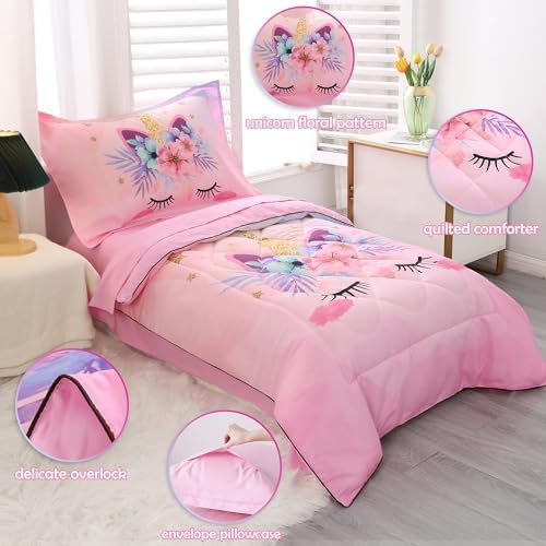 KINBEDY Toddler Bedding Set 4 Piece Pink Unicorn