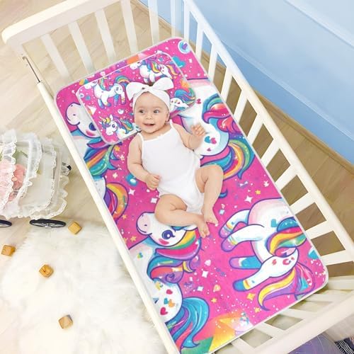 Cooling Rainbow Unicorn Baby Mattress Protector 28x52