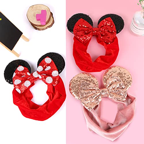 UHOMENY Baby Mouse Ears Headband Pink Velvet with Sequin Bows