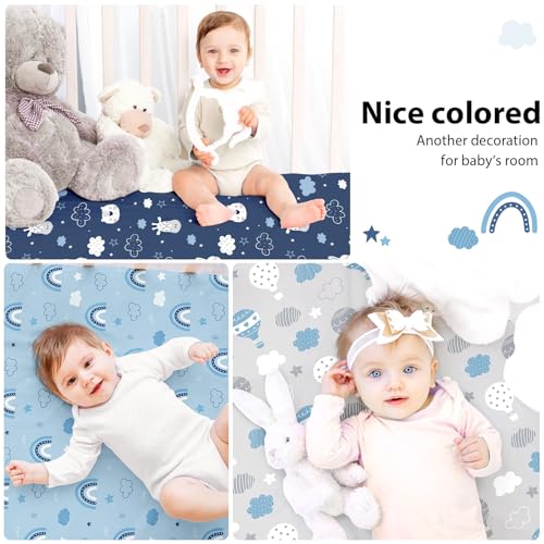 FIEMOL 3 Pack Crib Sheets Neutral Blue Cloud Animals Microfiber