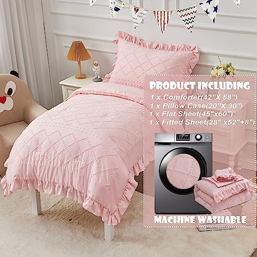 Pink Boho Tufted Toddler Bedding Set 4-Piece