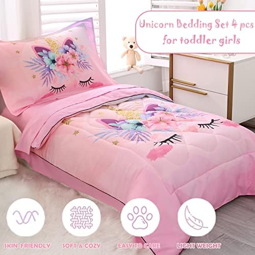 KINBEDY Toddler Bedding Set 4 Piece Pink Unicorn