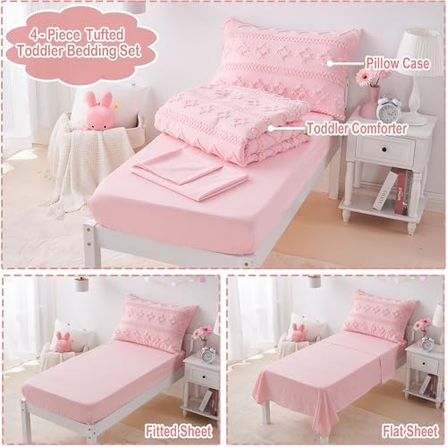 VIVILINEN Pink Boho Toddler Bedding Set 4-Piece