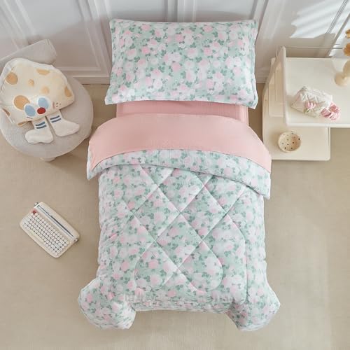 DuShow Toddler Girl Bedding Set 4pcs Green Floral Comforter Set